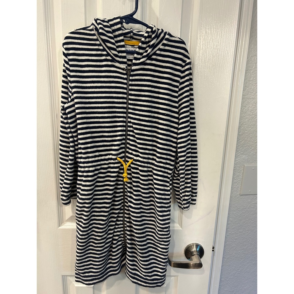 Old Navy Swim Cover‎ Up Navy Blue Striped Terry Cloth Hooded Full Zip Robe
